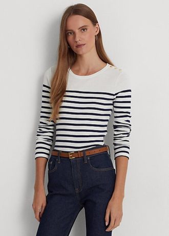 White / Navy Women’s Ralph Lauren Striped Cotton Long-Sleeve T Shirts