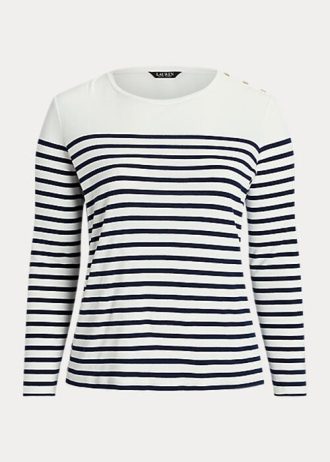 White / Navy Women’s Ralph Lauren Striped Cotton Long-Sleeve Tops