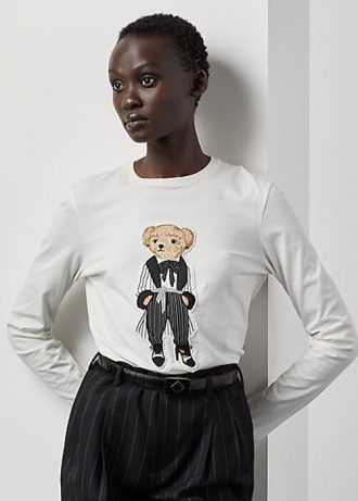 White Women’s Ralph Lauren Cinema Polo Bear Cotton Long-Sleeve T Shirts