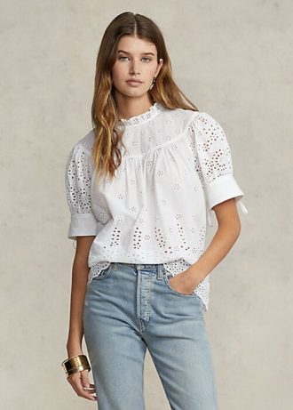 White Women’s Ralph Lauren Eyelet-Embroidered Cotton Tops White Women’s Ralph Lauren Eyelet-Embroidered Cotton Tops
