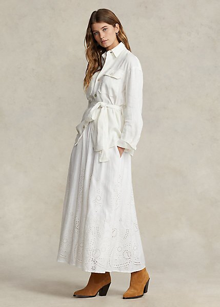 White Women’s Ralph Lauren Eyelet Linen Midi Skirts White Women’s Ralph Lauren Eyelet Linen Midi Skirts