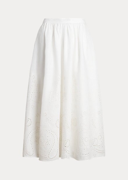 White Women’s Ralph Lauren Eyelet Linen Midi Skirts White Women’s Ralph Lauren Eyelet Linen Midi Skirts