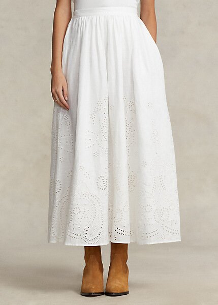 White Women’s Ralph Lauren Eyelet Linen Midi Skirts White Women’s Ralph Lauren Eyelet Linen Midi Skirts