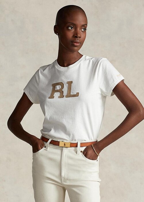 White Women’s Ralph Lauren Rl-suede-applique Jersey T Shirts White Women’s Ralph Lauren Rl-suede-applique Jersey T Shirts