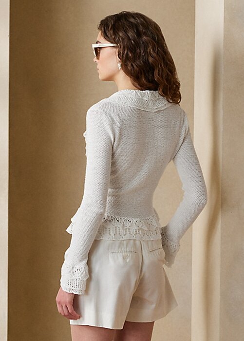 White Women’s Ralph Lauren Ruffle-Trim Cardigan Sweaters White Women’s Ralph Lauren Ruffle-Trim Cardigan Sweaters