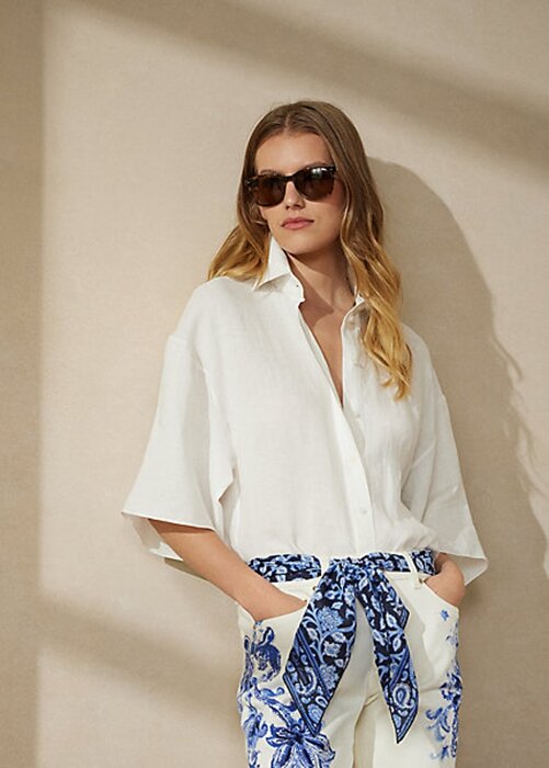 White Women’s Ralph Lauren Soloman Linen Blouse Shirts White Women’s Ralph Lauren Soloman Linen Blouse Shirts