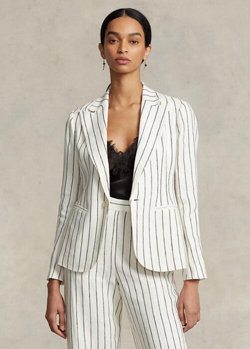 White Women’s Ralph Lauren Striped Linen Jacquard Blazers White Women’s Ralph Lauren Striped Linen Jacquard Blazers