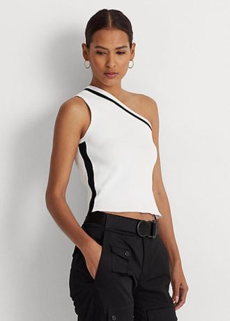White Women’s Ralph Lauren Two-Tone One-Shoulder Cropped Sweaters