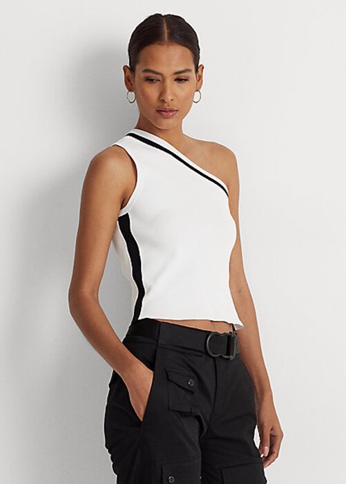 White Women’s Ralph Lauren Two-Tone One-Shoulder Cropped Sweaters White Women’s Ralph Lauren Two-Tone One-Shoulder Cropped Sweaters