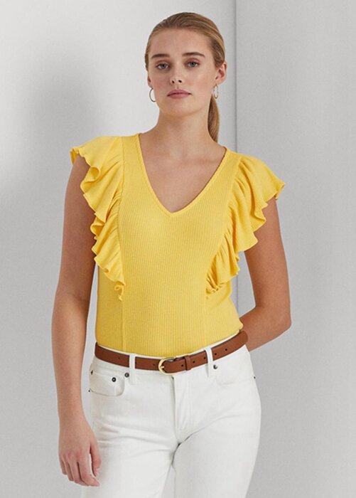 Yellow Women’s Ralph Lauren Ruffle-trim Rib-knit T Shirts Yellow Women’s Ralph Lauren Ruffle-trim Rib-knit T Shirts